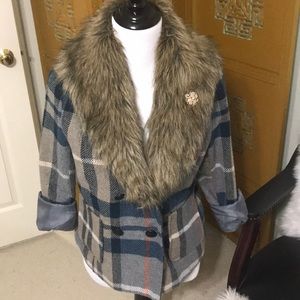 Plaid faux fur double breasted coat